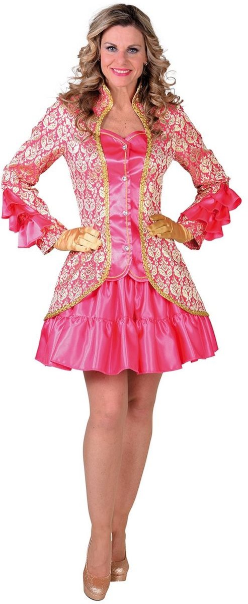 Middeleeuwen & Renaissance Kostuum | Burlesque Brokaat Jas Met Ruches Roze Vrouw | Large | Carnaval kostuum | Verkleedkleding